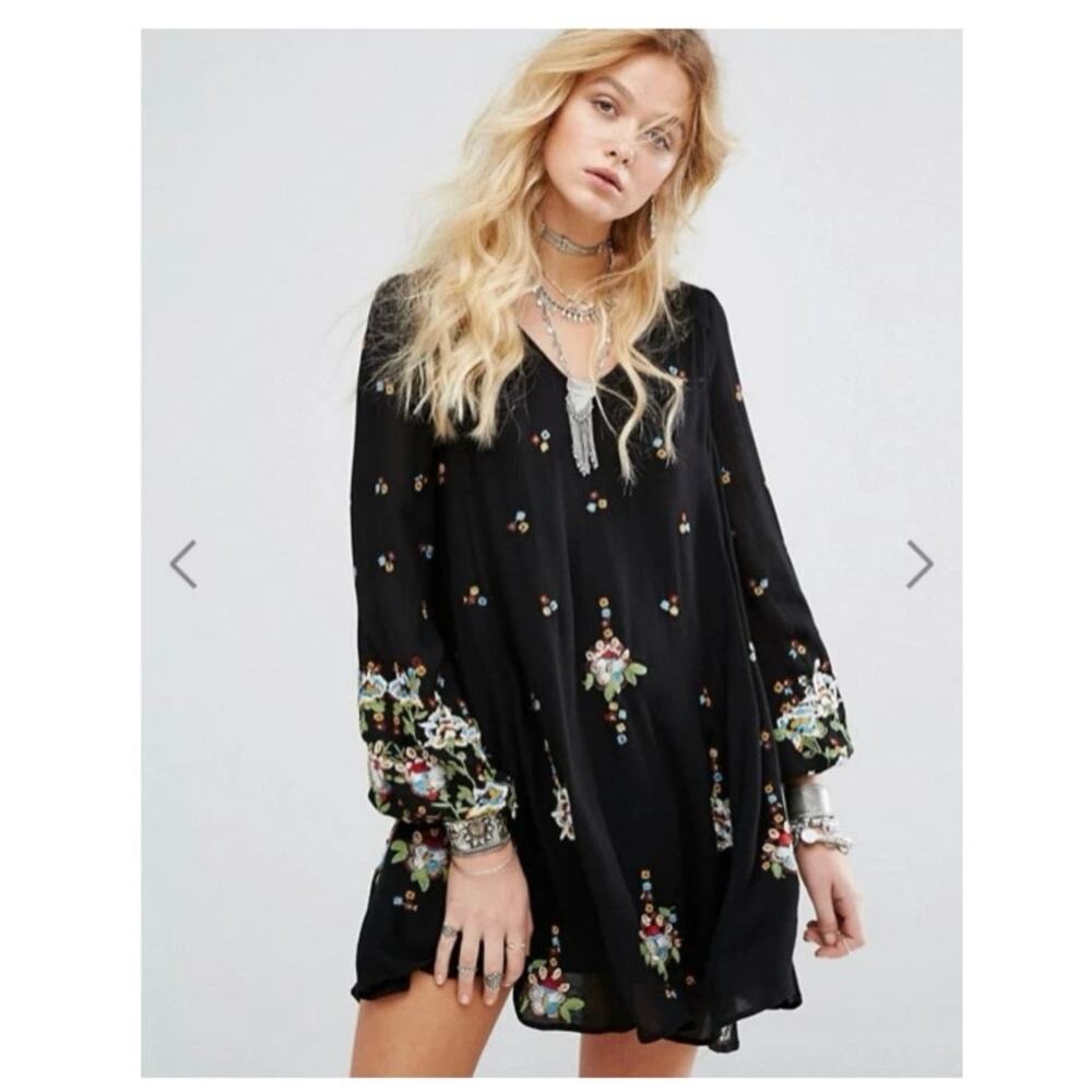 Free People Oxford Black Embroidered Swing Dress Boho Viscose XS Cottagecore